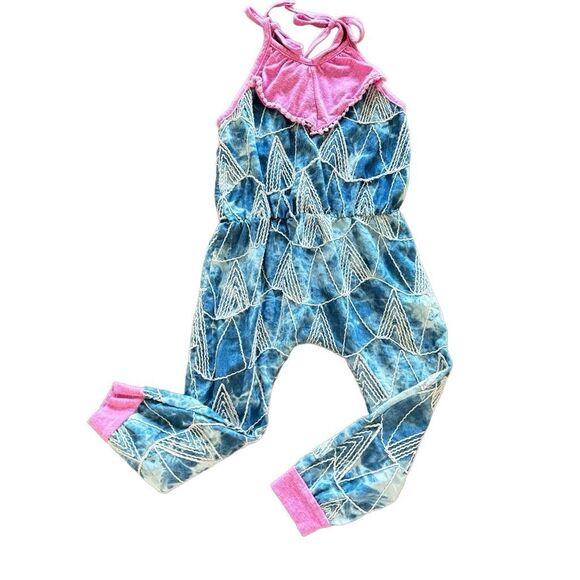 Miki Mietti Romper Jumpsuit Blue Tie Dye Geometric Pink Accents Size 3T - Picture 1 of 10